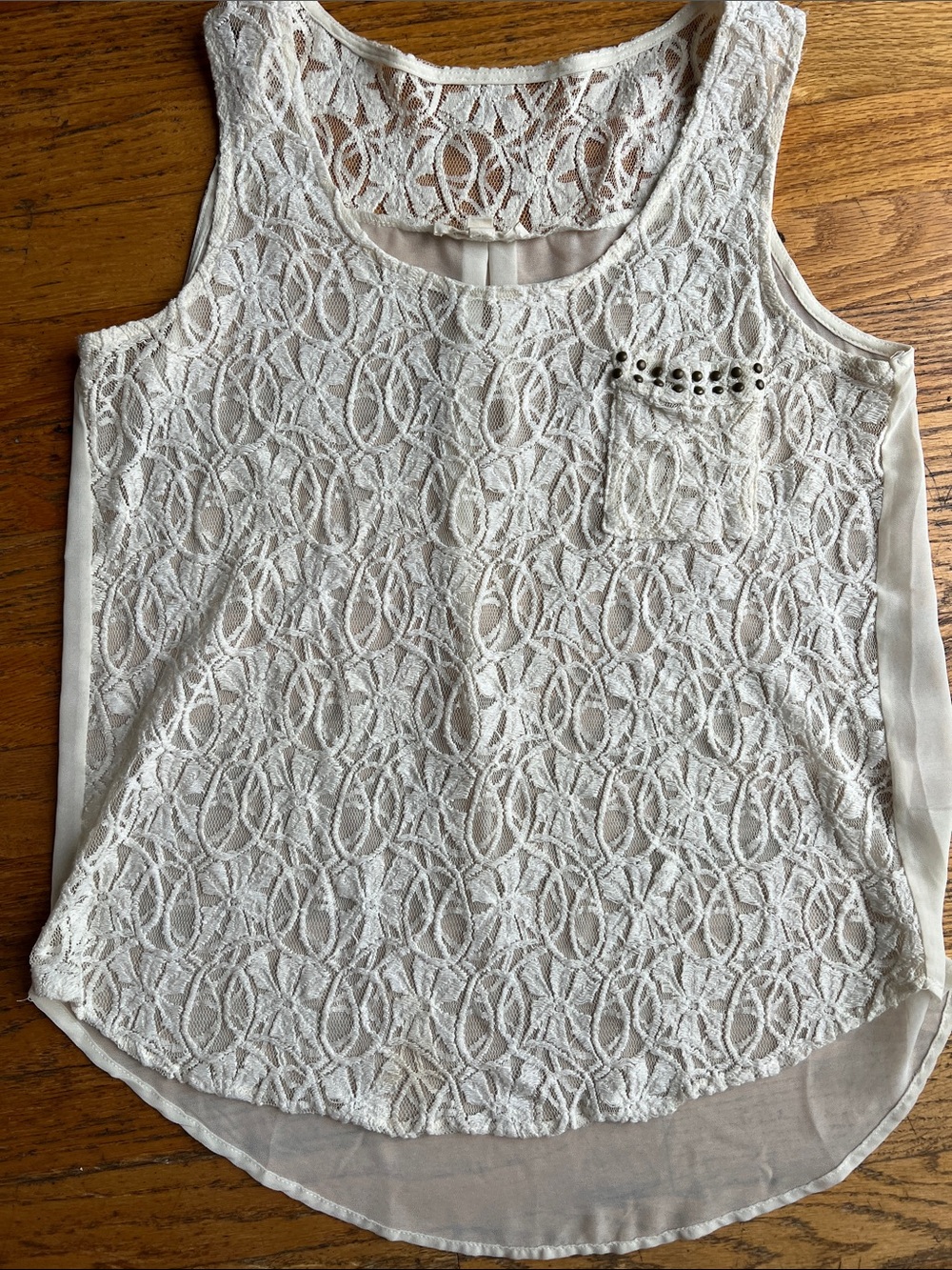 Pearl Cream Lace Tank with Studded Pocket